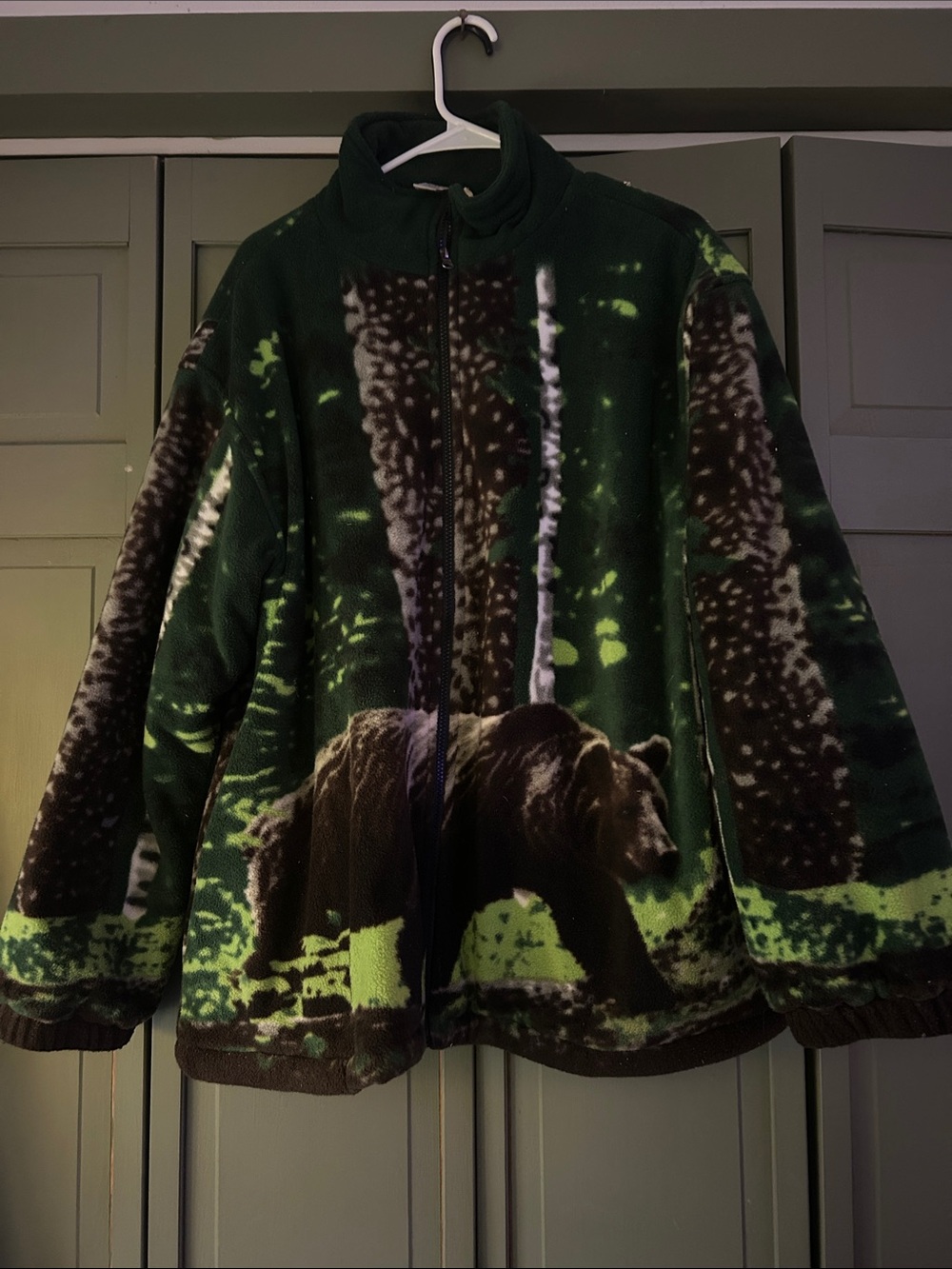 Forest Bear Print Fleece Jacket - Green